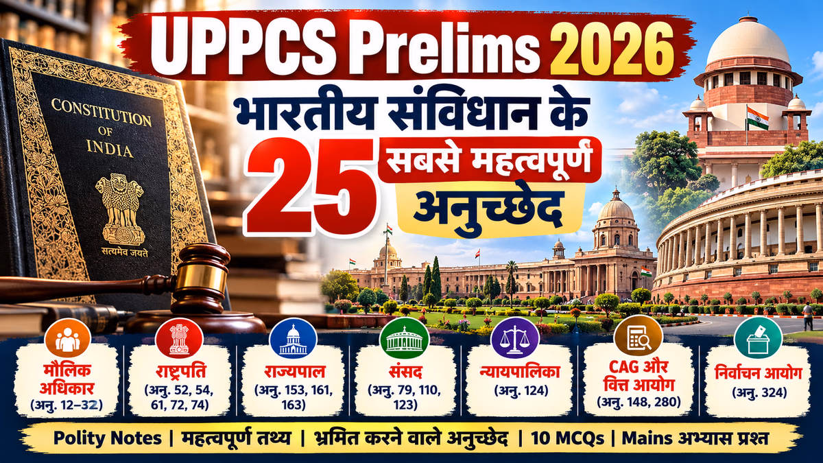 UPPCS Prelims 2026: भारतीय संविधान के 25 सबसे महत्वपूर्ण अनुच्छेद — मौलिक अधिकार, राष्ट्रपति, राज्यपाल और संवैधानिक संस्थाएँ